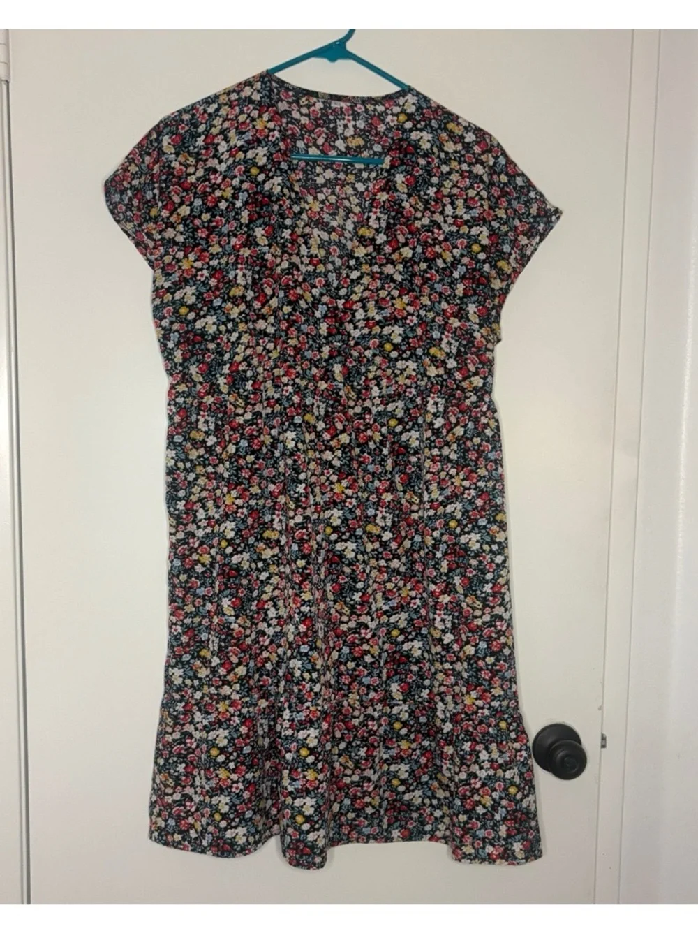 Women’s Floral V-Neck Summer Dress - Navy with Red & Yellow Flowers - Picture 3 of 3